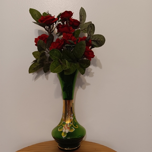 Vintage Bohemian Green Glass Bud Vase with hand painted Floral & Gold Design 8" - Picture 4 of 5